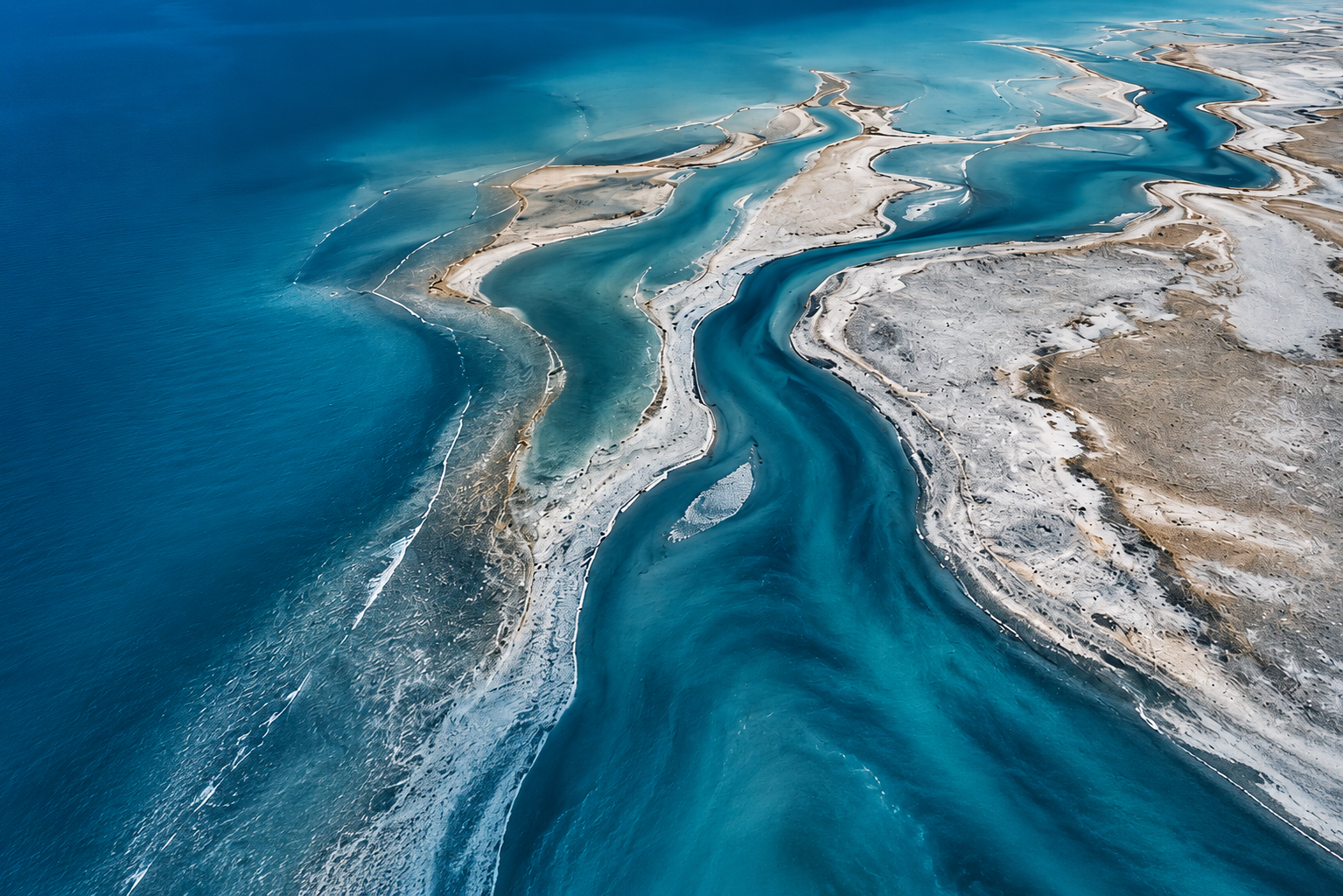 Aerial view of a terminal lake delta showing turquoise channels cutting through white salt flats